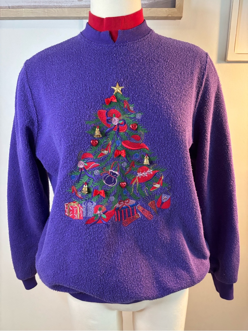 Vintage BonWorth Purple Holiday Crewneck Sweater with Embroidered Christmas Tree